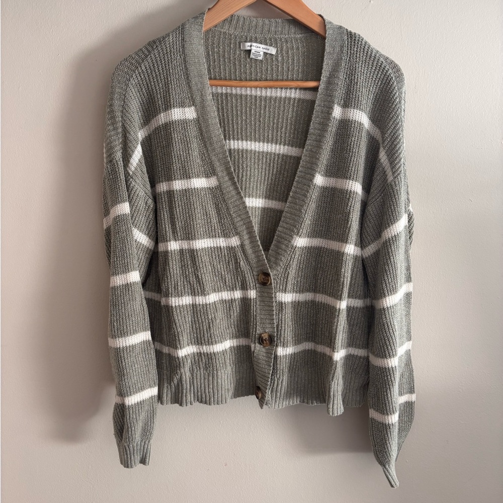 American Eagle Outfitters Green and White Striped Cardigan